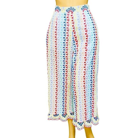 Eyelet Embroidery Boho Pants Multicolor Cropped Zip-Side Sz S - Picture 1 of 16